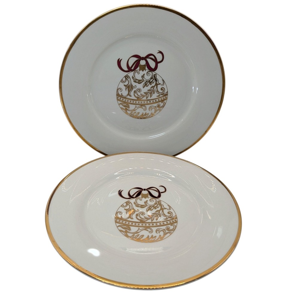 Pier One Christmas Dessert Plates Ornament Bow Gold Trim Vintage Set of Two